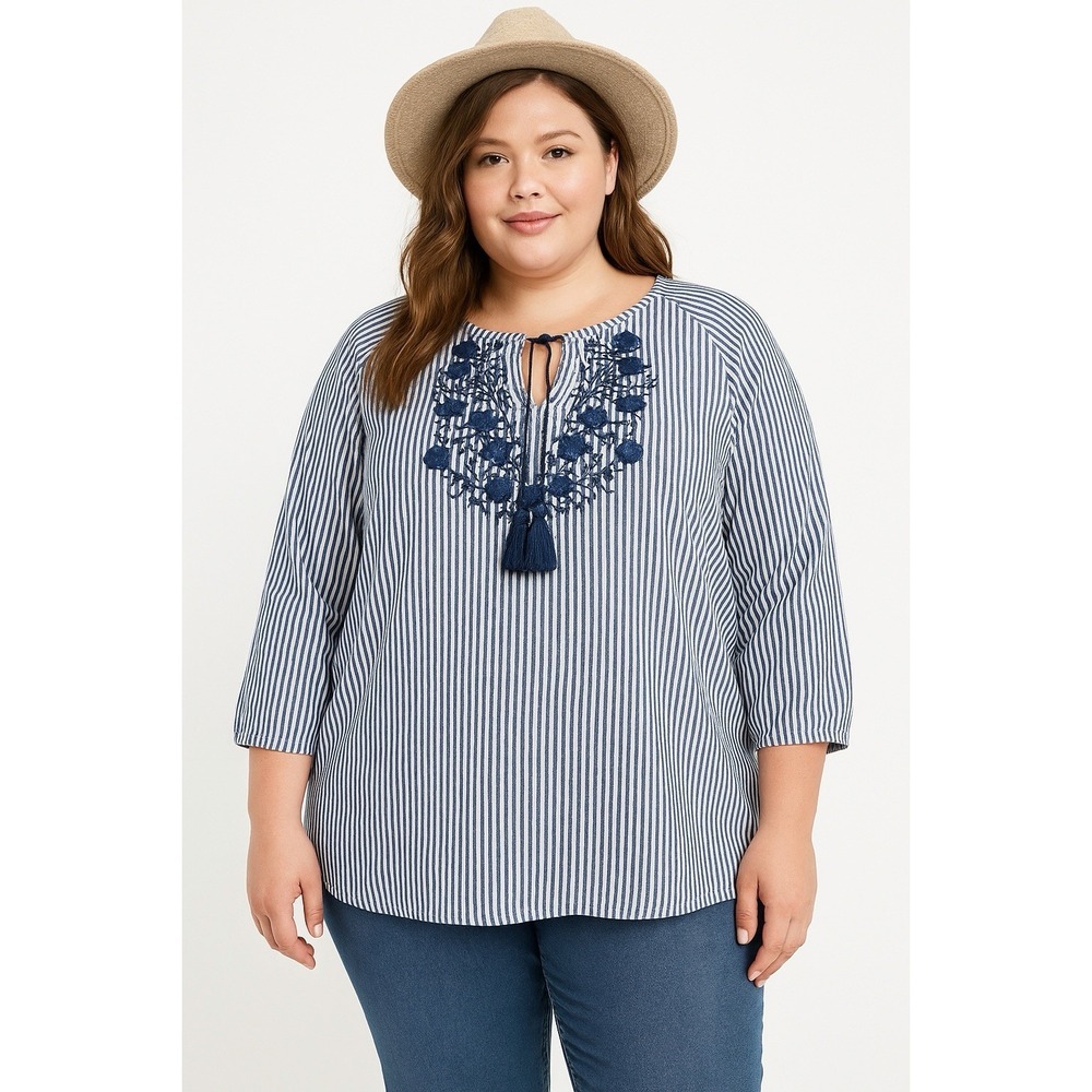 Old Navy Women XXL Blue Stripe Embroidered Peasant Top Boho Floral Tunic Blouse